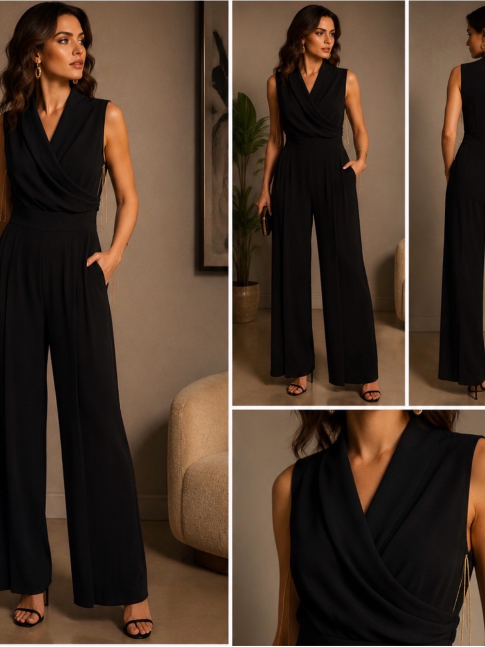 Catherine Malandrino Favorites Black Silk Blend Draped Wide Leg Jumpsuit Size 2